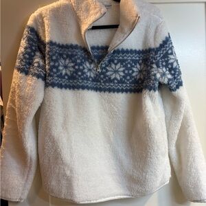 Women's White and Blue Patterned Sweater
